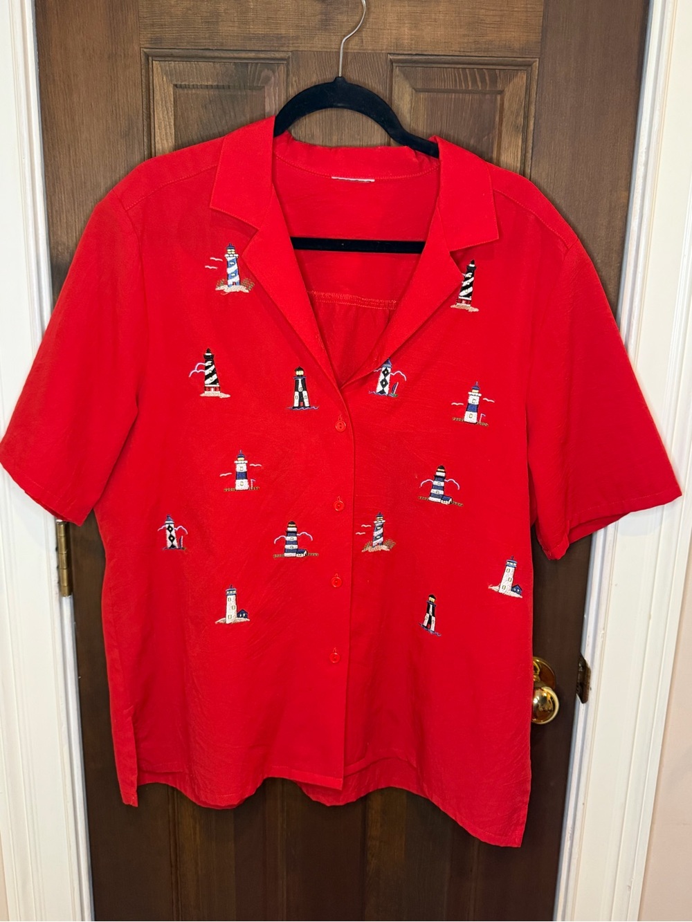 Vintage Red Embroidered Lighthouse Nautical Coastal Blouse (No Size Tag)